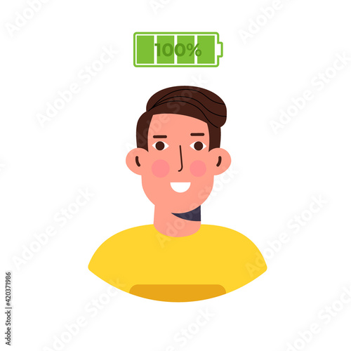 Full of energy businessman with full charge flat style concept. Vector illustration