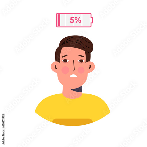 Low of energy and tired businessman with  uncharged battery flat style concept.  Vector illustration
