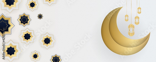 Ramadan Kareem greeting cards set. Ramadan islamic holiday invitations templates collection with gold crescent moon, hand drawn lettering and mosque. Vector illustration.