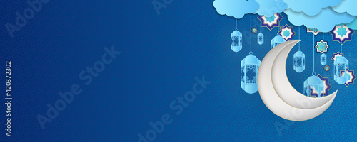 Ramadan Kareem and Happy Eid Al Fitr islamic design crescent moon and mosque dome silhouette with arabic pattern and calligraphy