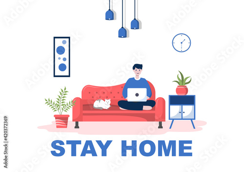 Stay at Home for Quarantine or Self Isolation to Reduce the Risk of Infection To Prevent Coronavirus. Vector Illustration