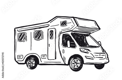  Camper Van sketch style, vector illustrations.