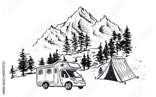 Camping in nature, motor home, Mountain landscape, hand drawn style, vector illustrations.