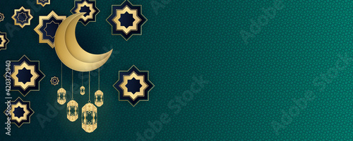 Islamic ramadan background. Ramadhan background with gold moon, crescent, and lantern on green background. ramadan kareem islamic greeting card background vector illustration