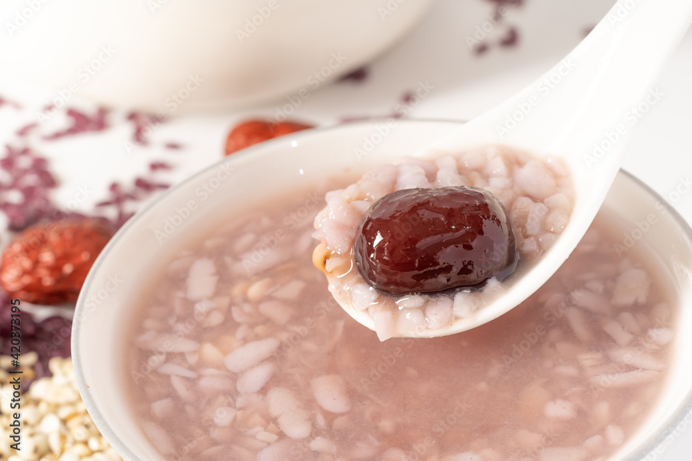 Special Chinese Food, Purple Potato, Barley, Red Date Congee Special Chinese Food, Purple Potato, Barley, Red Date Congee