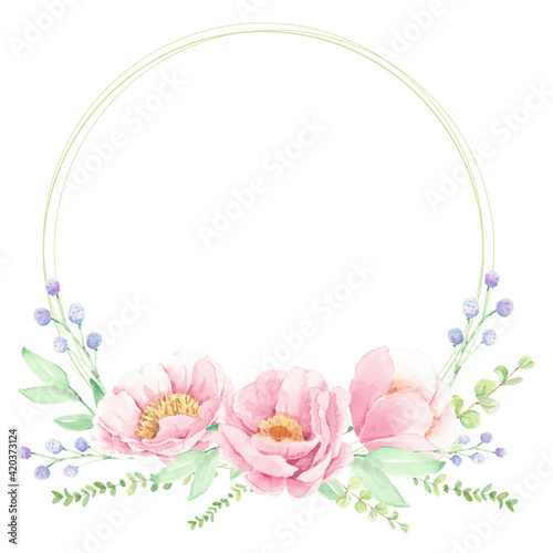 watercolor pink peony flower bouquet arrangement wreath frame for logo or banner