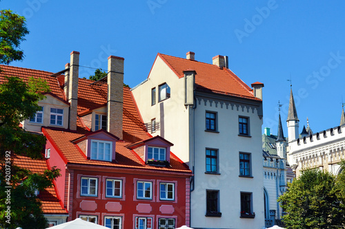 Beautiful architecture in the Old Town of Riga in sunny day, Latvia, Baltic states.