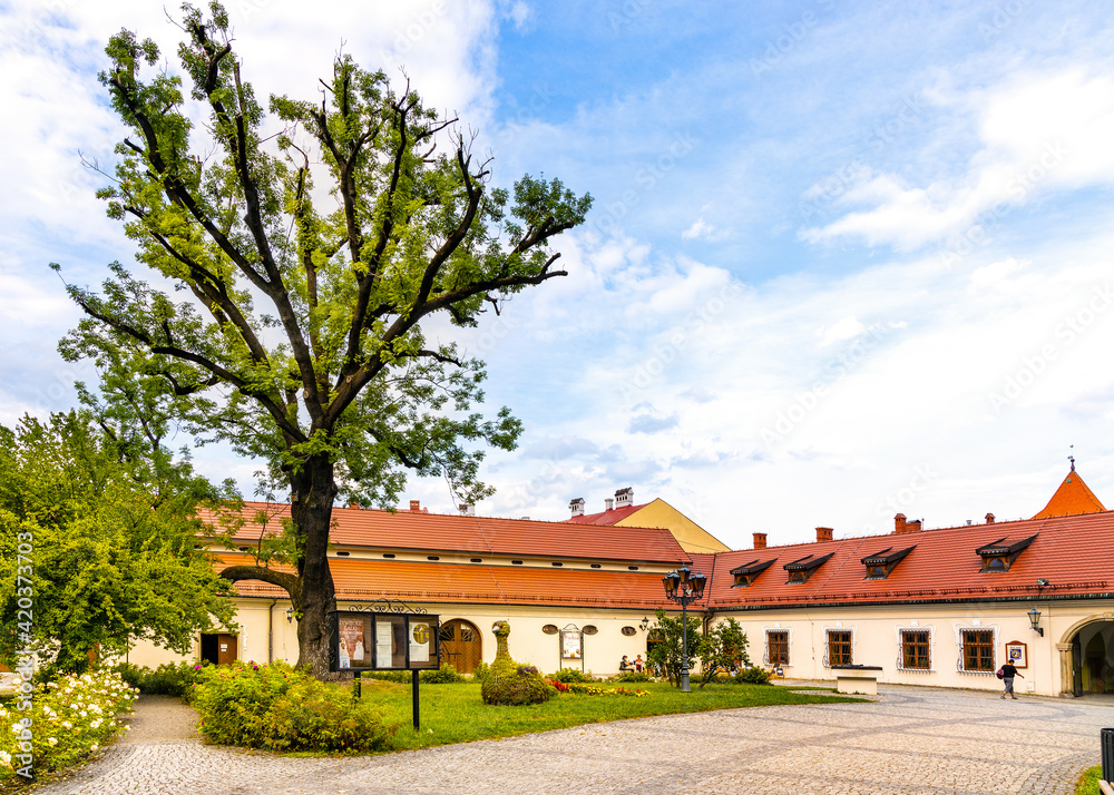 Zywiec Castle main courtyard with iconic well within historic park in Zywiec old town city center in Silesia region of Poland