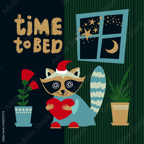 Time for bed. Cute raccoon in a nightie. Vector illustration in a flat cartoon style. Suitable for postcards, children's parties, posters and other souvenir products.
