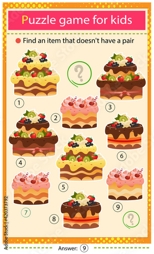 Find a item that does not have a pair. Puzzle for kids. Matching game, education game for children. Holiday cakes. Pastry and bakery. Worksheet to develop attention.