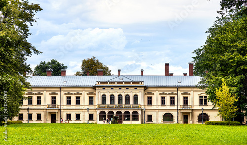 New Zywiec Castle, main south-western wing of Habsburgs Palace within historic park in Zywiec old town city center in Silesia region of Poland