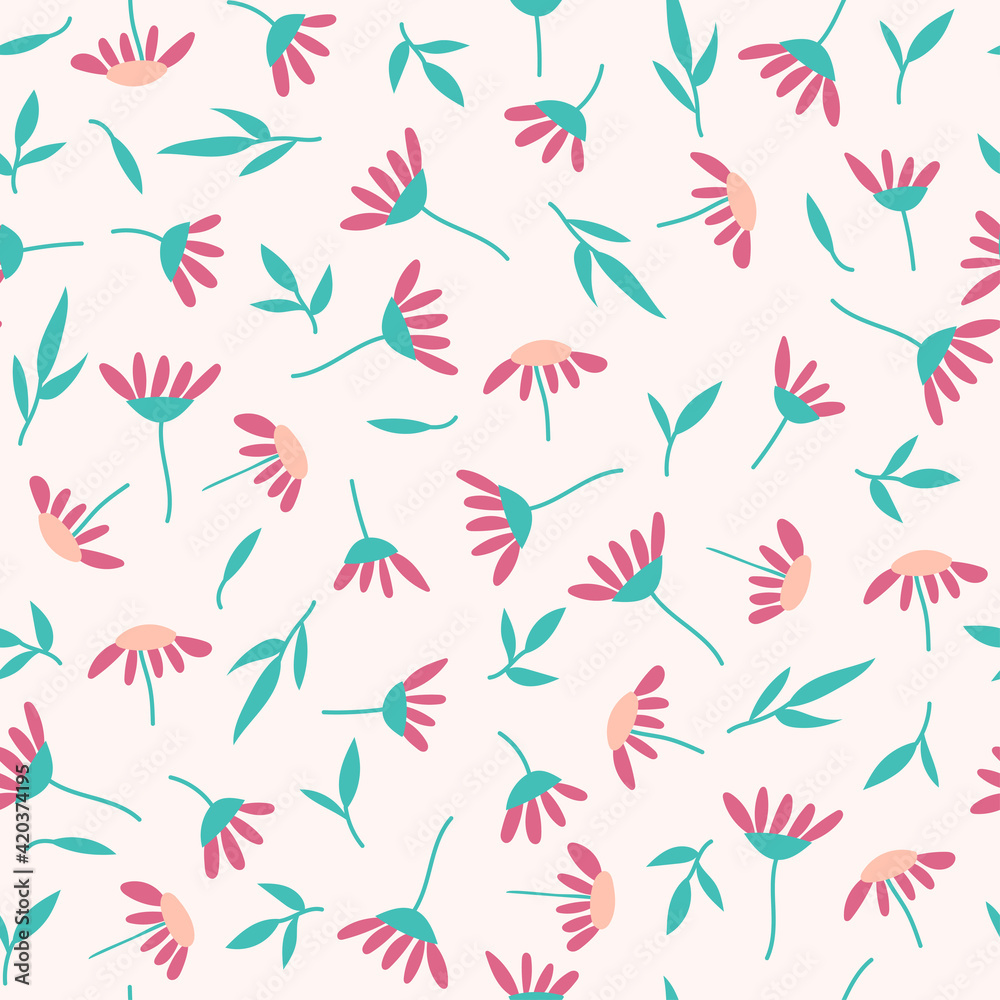Seamless pattern with little flowers and leaves. Colorful flat floral background for wallpaper, wrapping paper, surface design Seamless pattern with little flowers and leaves. Colorful flat floral background for wallpaper, wrapping paper, surface design