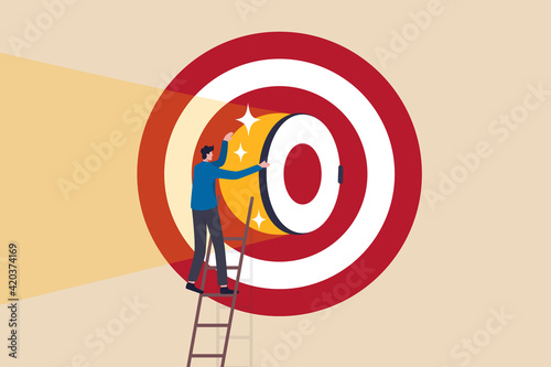 Secret to be success, business strategy to reach target or goal, objective or career challenge concept, businessman climbing up ladder to big dartboard or archery target and opening bullseye door.