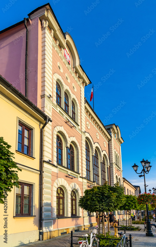 City hall building with colorful town tenement houses at historic city center market square in Zywiec, Silesia region of Poland