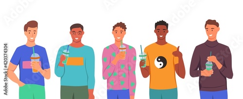 A set of characters. Young men drink smoothies, fresh juice, a cocktail. The concept of proper nutrition, healthy lifestyle. Flat cartoon illustration.