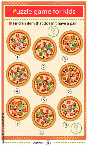 Find a pizza that does not have a pair. Puzzle for kids. Matching game, education game for children. Food. Worksheet to develop attention