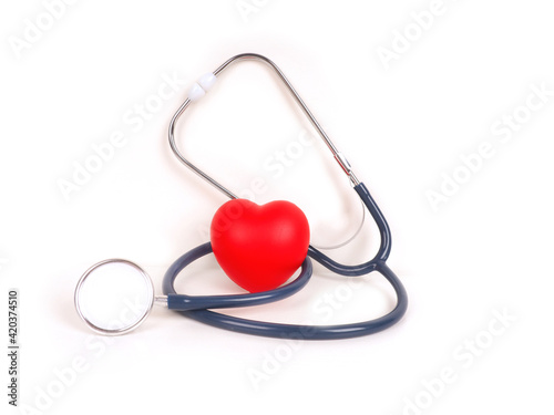 A heart with a stethoscope isolated on white background.