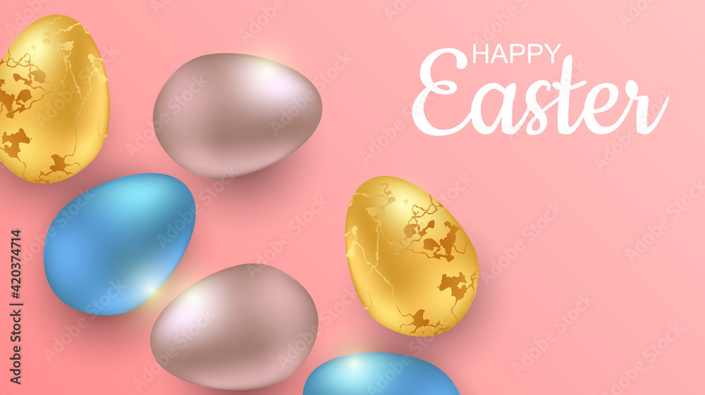 Greeting Easter background with realistic Easter eggs. Top view with copy space Greeting Easter background with realistic Easter eggs. Top view with copy space