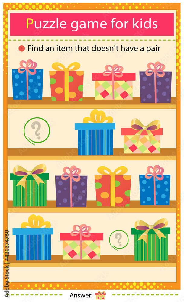 Find a item that does not have a pair. Puzzle for kids. Matching game, education game for children. Color images of holiday boxes, souvenirs and gifts. Worksheet to develop attention.