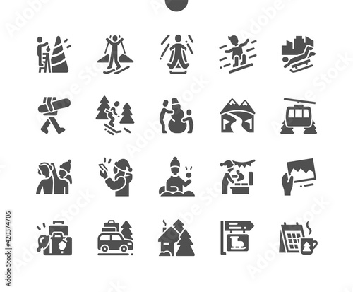 Winter vacation. Ice skating, play snowballs, snowboarding and skiing. Winter holidays in the mountains. Decorate the christmas tree. Vector Solid Icons. Simple Pictogram