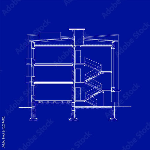 Detailed multi-storey building. Cross-section house. Vector blueprint.