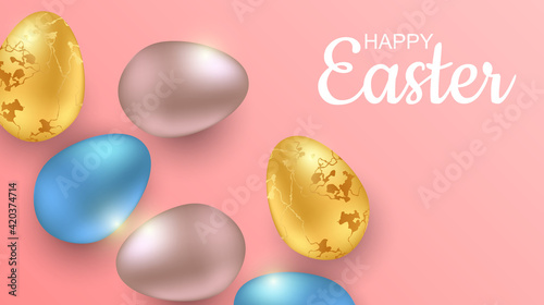 Greeting Easter background with realistic Easter eggs. Top view with copy space