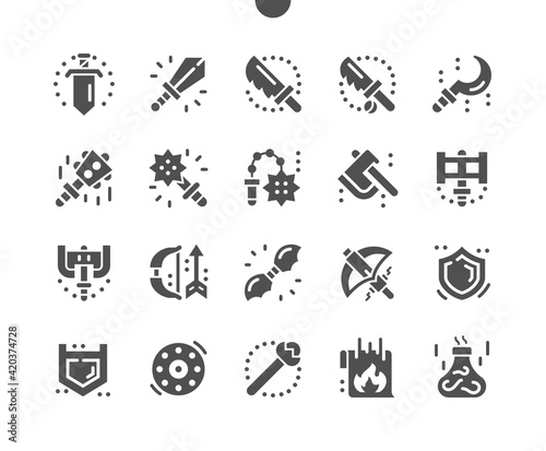 Fantasy weapons. Round shield. Blade, sword and knife. Medieval, war, game, fight, knight, metal and military. Vector Solid Icons. Simple Pictogram