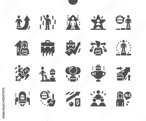 Career path. Work progress and success. Motivation and growth. Business, businessman, achievement, job, target, leadership, choice, opportunity and strategy. Vector Solid Icons. Simple Pictogram
