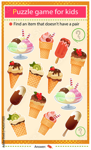 Find a item that does not have a pair. Puzzle for kids. Matching game, education game for children. Color set of ice cream. Worksheet to develop attention.