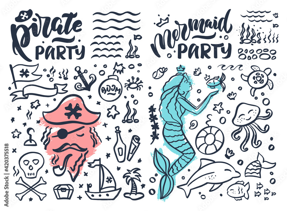 Collection stickers of pirates and mermaids. The icons are vector illustration