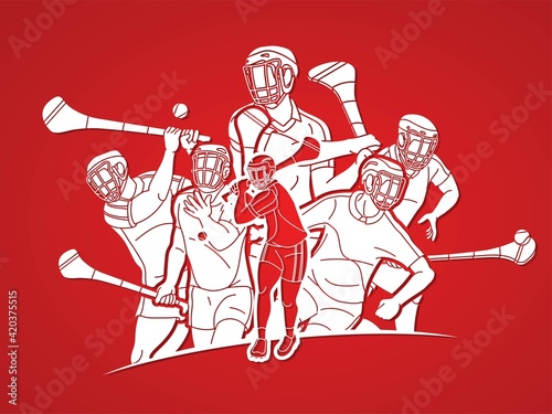 Hurling sport players action. Hurley sport cartoon graphic vector