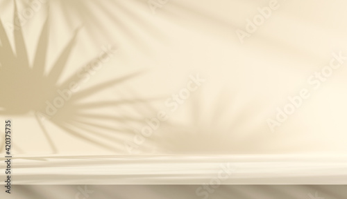 Minimal abstract background for product presentation. Leaf shadow on white plaster wall. 3d render. Spring and summer.