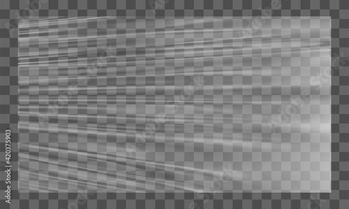 Realistic stretched white plastic warp. Polyethylene background. Vector transparent cellophane mockup.