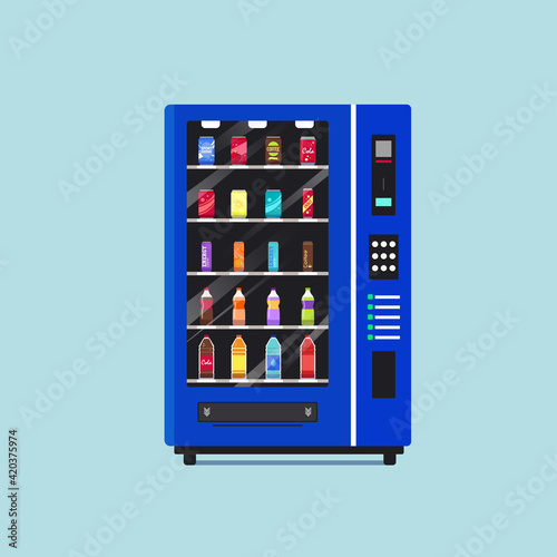 Illustration of full vending machine with drinks. Isolated on a cyan background