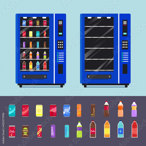 Illustration of full and empty vending machine with drinks. in conjunction with bottle, soda, juice, energy drink, and water. Isolated on a cyan background