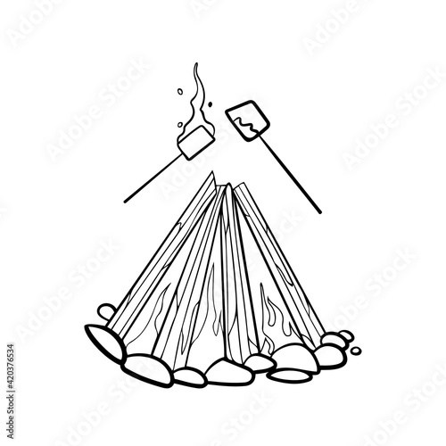 Bonfire marshmallows doodle vector. Campfire, roasting marshmallow on stick outline. Camping in the forest, place of stones for fire, wood with tongues of flame isolated illustration 