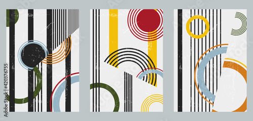 A set of three colorful aesthetic geometric backgrounds. Minimalist social media posters, cover designs, web, home decor. Vintage illustrations with semicircles, stripes, shapes, circles, arches.