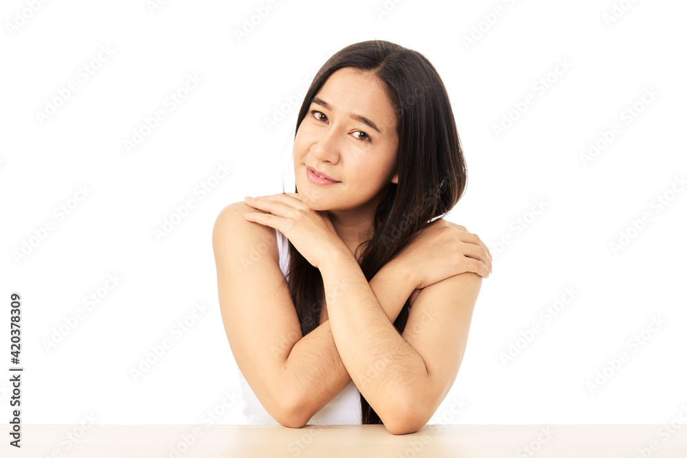 woman has a smiling face and bright skin tone woman has a smiling face and bright skin tone