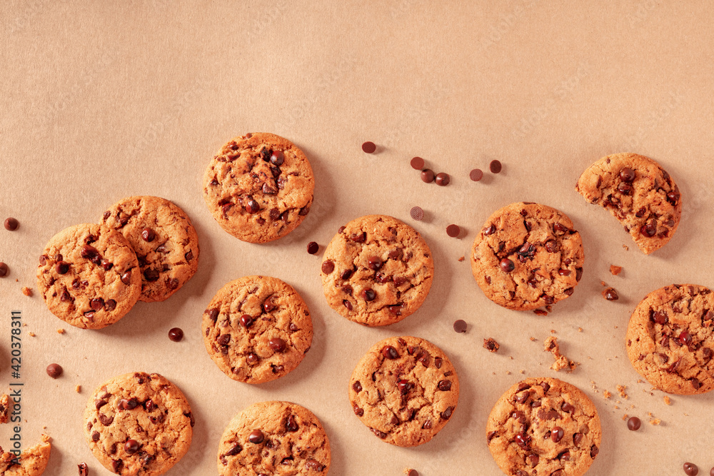 Freshly baked chocolate chip cookies, overhead flat lay shot Freshly baked chocolate chip cookies, overhead flat lay shot