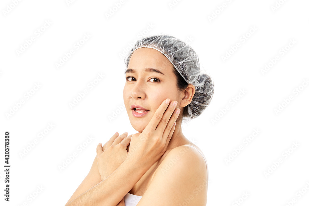 woman wearing shower towel and cap bath woman wearing shower towel and cap bath