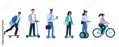 Vector Eco friendly alternative vehicles set. People, men and women ride modern electric scooter, gyroboard, skateboard, bicycle. photo