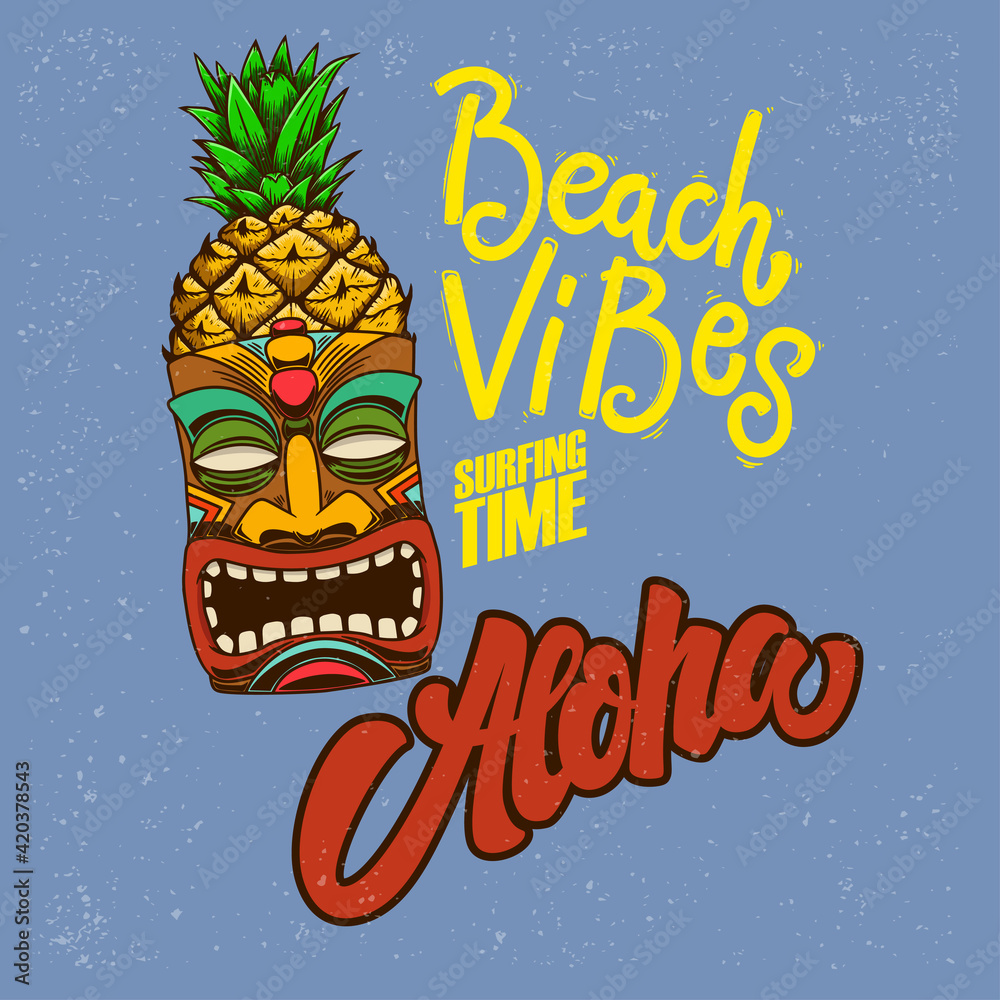 Beach vibes. Aloha. Emblem template with tiki idol. Design element for poster, card, banner, sign, emblem. Vector illustration Beach vibes. Aloha. Emblem template with tiki idol. Design element for poster, card, banner, sign, emblem. Vector illustration