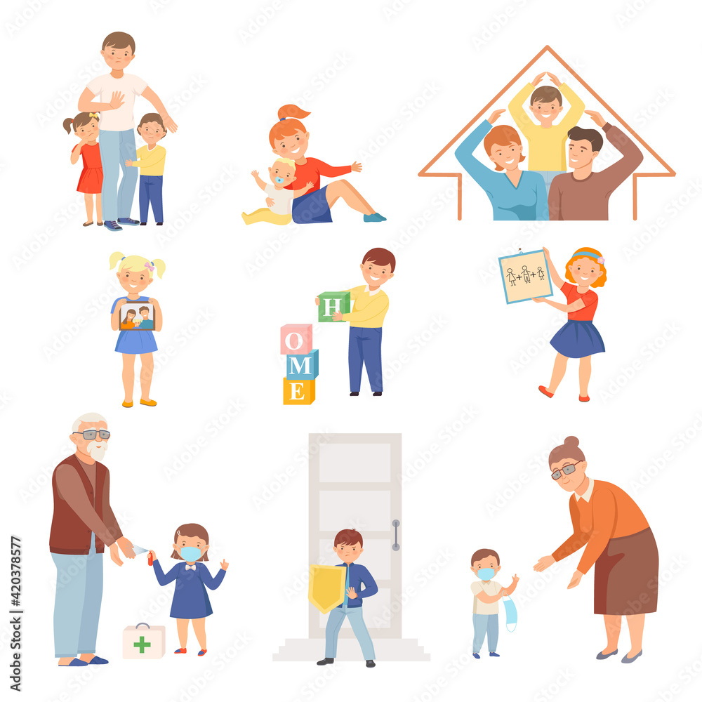 Cute Little Children Loving and Protecting Their Family Members Vector Set