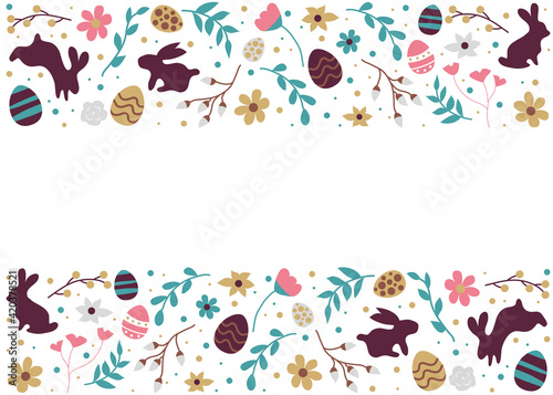 Happy easter. Ready postcard for the holiday. Rabbit, Easter eggs, flowers, pussy willow, mimosa. Spring, a religious holiday. Easter poster and banner template for Easter. Place for signature.