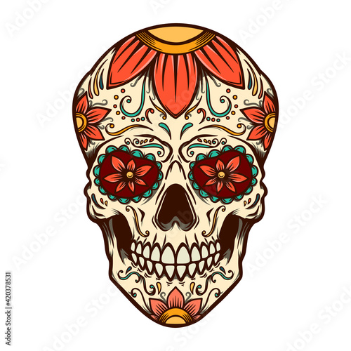 Illustration of mexican sugar skull. Design element for logo, label, sign, poster. Vector illustration