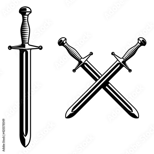 Illustration of knight swords in monochrome style. Design element for logo, label, sign, poster. Vector illustration