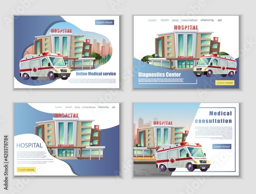 Vector set of banners in cartoon style with hospital building and ambulance car. Medical consultation, diagnostic center banner.