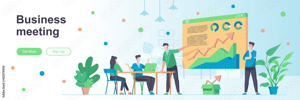 Naklejka premium Business meeting landing page with people characters. Business team conference web banner. Collaboration and partnership vector illustration. Flat concept great for social media promotional materials.