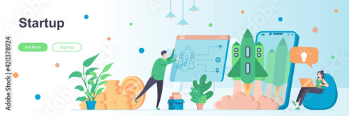 Startup project landing page with people characters. Idea generation and development web banner. Business idea launching vector illustration. Flat concept great for social media promotional materials.