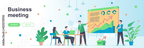 Business meeting landing page with people characters. Business team conference web banner. Collaboration and partnership vector illustration. Flat concept great for social media promotional materials.